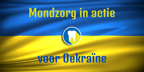 Oekraïense vlag met tekst: Mondzorg in actie voor Oekraïne
